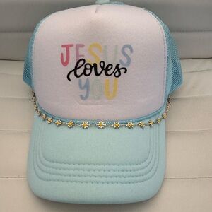 Kids Light Blue 'Jesus Loves You' Mesh Trucker Hat